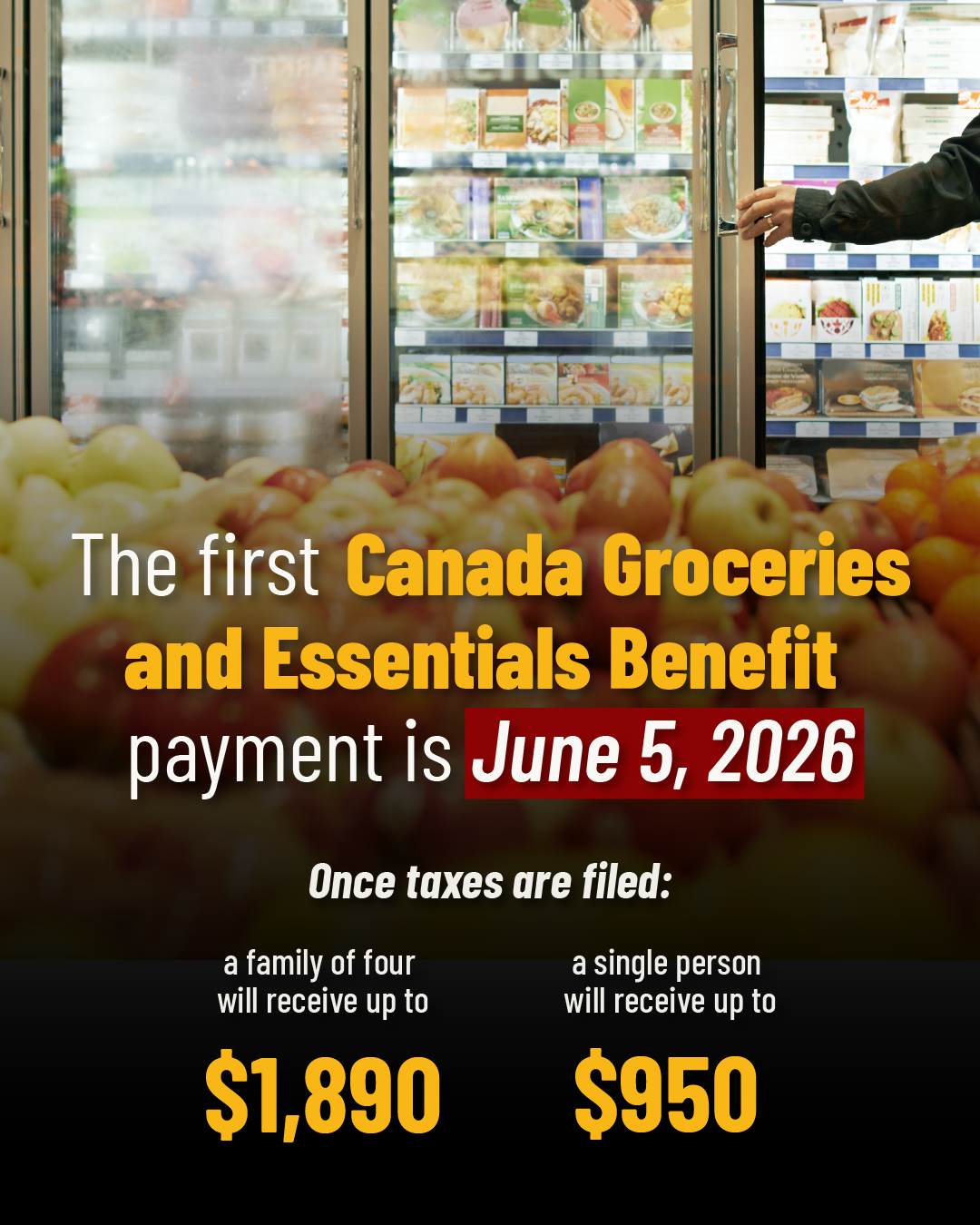 The first Canada Groceries and Essentials Benefit payment is June 5, 2026